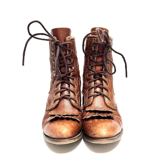 Vintage 1980s brown leather brogue lace up kiltie roper granny boots - Picture 2 of 9